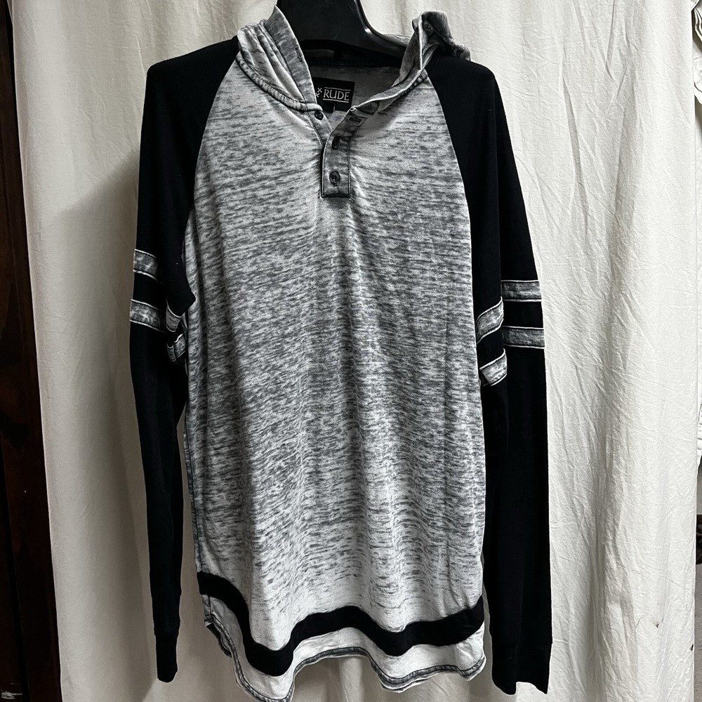 XXX RUDE Grey & Black Distressed Pullover Raglan Long Sleeve Shirt Size Medium